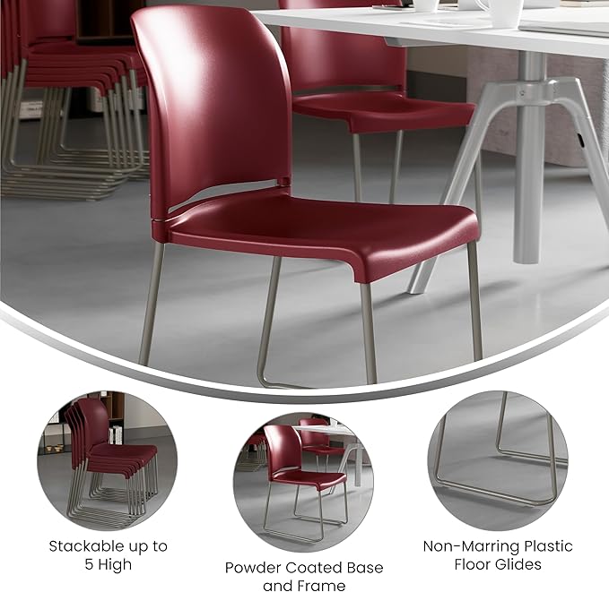 Flash Furniture HERCULES Series 880 lb. Capacity Burgundy Full Back Contoured Stack Chair with Gray Powder Coated Sled Base