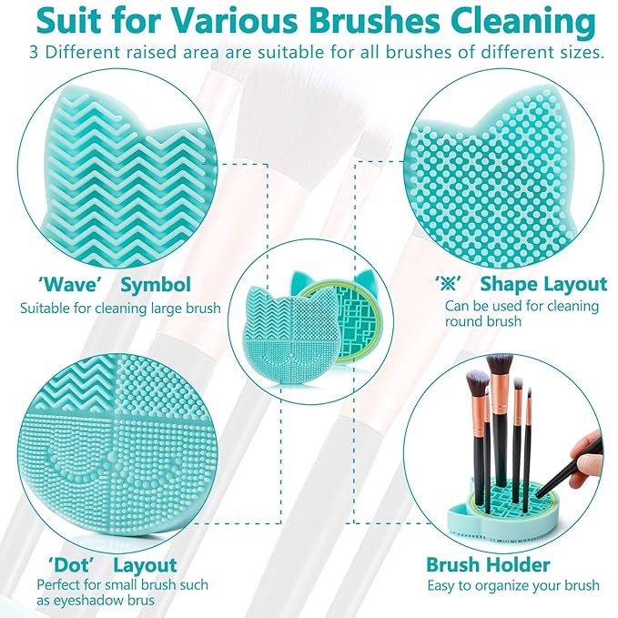 TailaiMei 2 in 1 Makeup Brush Cleaning Mat With Drying Holder, Silicon Cat Shaped Cleaner Pad, Cosmetic Organizer Rack, Portable Washing Tool for Makeup (Green)