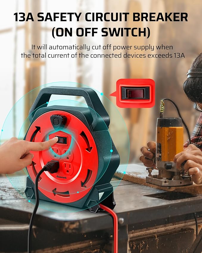 DEWENWILS Extension Cord Reel with 25 FT Power Cord, Hand Wind Retractable, 16/3 AWG SJTW, 4 Grounded Outlets, 13 Amp Circuit Breaker, Red, Red Cord, UL Listed