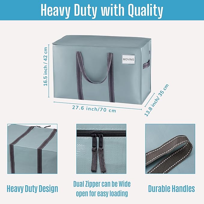 VENO 2 Pack Moving Bags and Large Christmas Storage Bins with lids. Alternative to Moving Boxes, Packing Supplies for College. Extra Large Heavy Duty Totes for Packaging (Light Blue Matte, 2 Pack)
