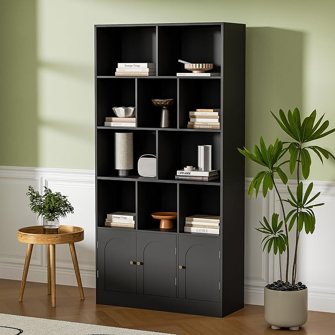 71" Tall Bookshelf with 10 Cubes and 3 Doors, 4-Tier Bookshelf, Open Shelf Bookcase with Cabinet, Modern Cube Storage Organizer for Living Room, and Office, Black