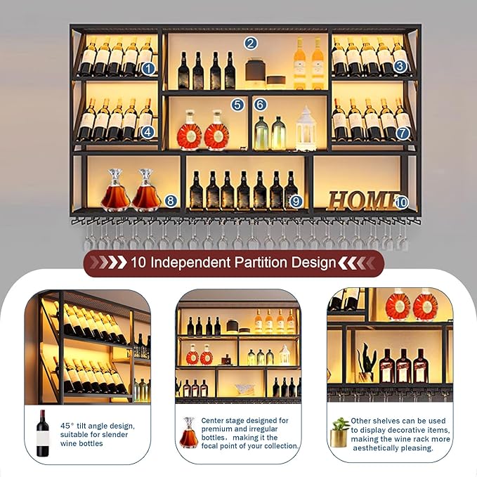 3 Tier Large Wine Rack Wall Mounted with Glass Holder, Black Modern Iron Liquor Shelf, 78.7 Inch Large Wine Bottle Display Shelf, for Kitchen Dining, Home Bar, Cellar (78.7" W)