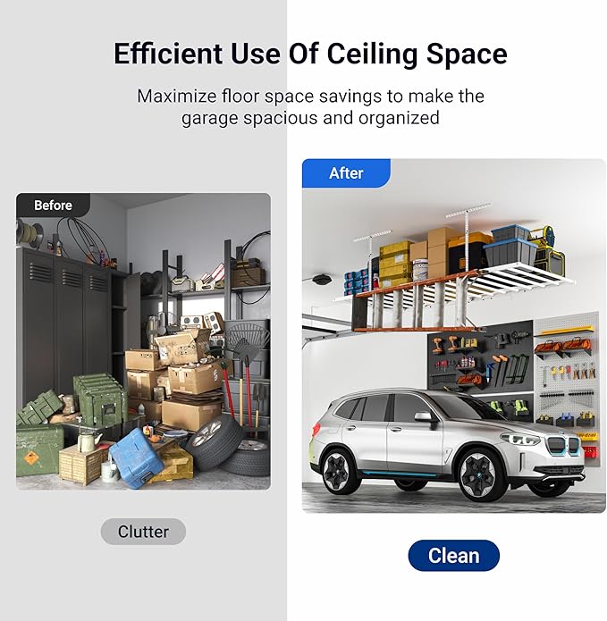 FLEXIMOUNTS 4x8 Overhead Garage Storage Rack with 6 Hooks, Adjustable Storage Organization System, Heavy-Duty Metal Ceiling Racks, 22.6" -39.4" Ceiling Dropdown, Lite Series