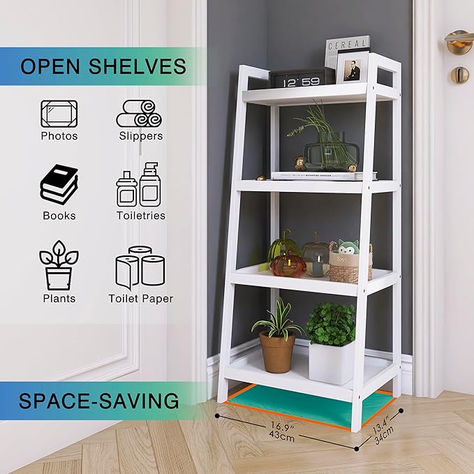SMIBUY Bamboo Ladder Bookcase, Bathroom Storage Rack Organizer, 4 Tier and 5 Tier Freestanding Plant Display Stand Space Saver Shelves for Bedroom, Kitchen, Balcony (White, 4 Tiers (39" H))