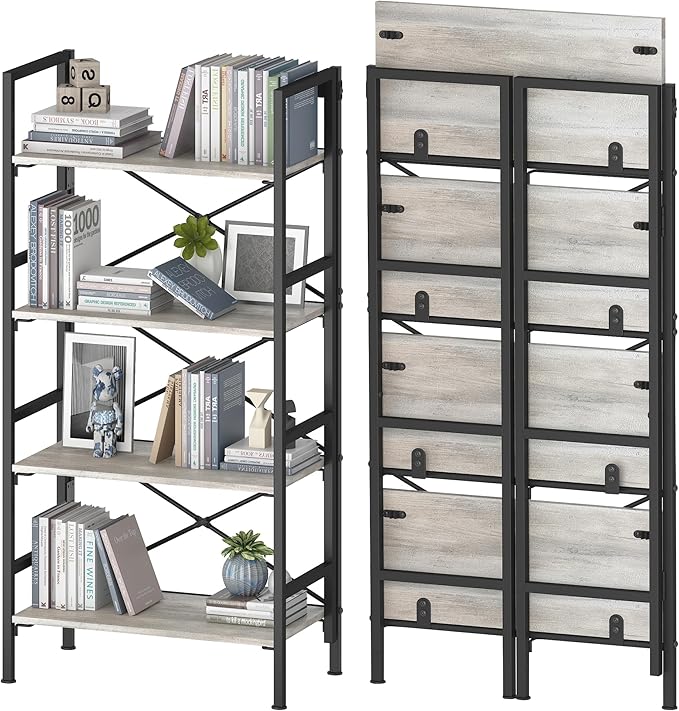 Homeiju Folding Bookshelf,4 Tier Bookcase Foldable Shelf with X-Bracket Design, Adjustable Feet, Space Saving Storage for Living Room, Office, Brownish