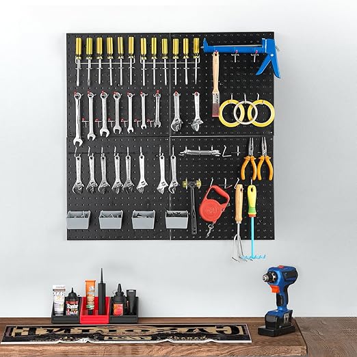 Pegboard Smith 16x16 inch Wall Tool Organizer Pegboard Panels, Black Metal Pegboard for Tool Storage, Workbench Tools Organization Peg Board(4 PCS, Black)