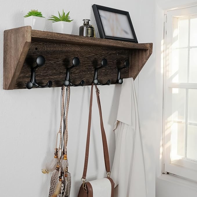 WEBI Wall Shelf with Hooks Underneath,24” Long Wall Mounted Coat Rack with Shelf,Entryway Coat Rack with 4 Triple Hooks for Hanging Coats,Jacket,Hallway,Bedroom,Mudroom,Weathered Brown
