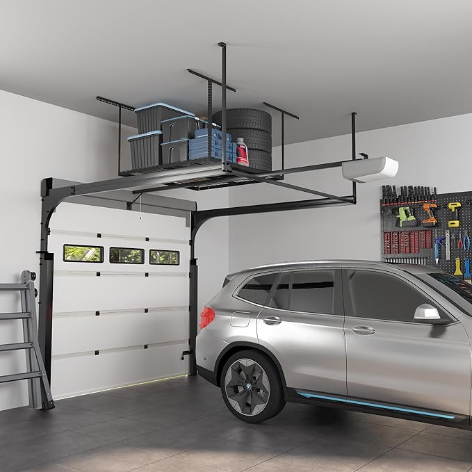 FLEXIMOUNTS 4x4 Overhead Garage Storage Rack, Adjustable Organization System, Heavy-Duty Metal Ceiling Racks, 350lbs Weight Capacity, Black, Classic Series