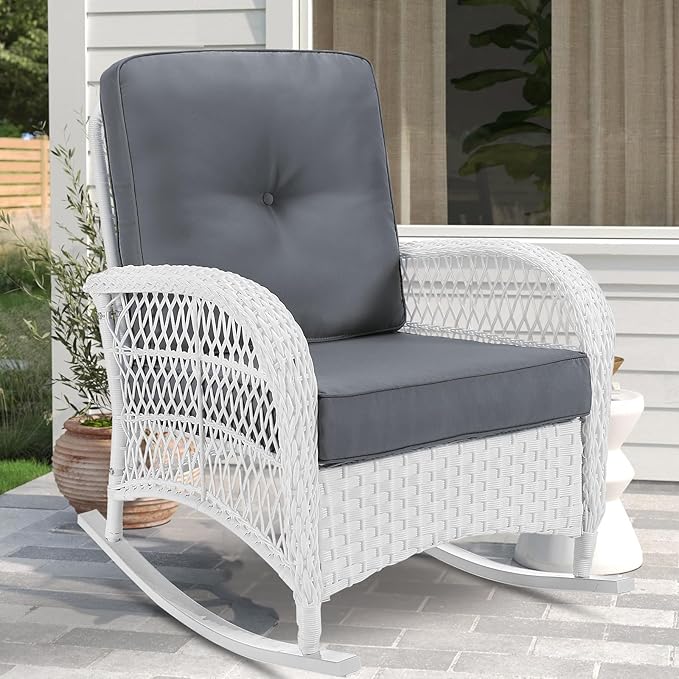 VIVIJASON Outdoor Wicker Rocking Chair, Patio Rattan Rocker Chair with Cushions & Steel Frame, All-Weather Rocking Lawn Rattan Furniture for Garden Backyard Porch (White Wicker/Grey)