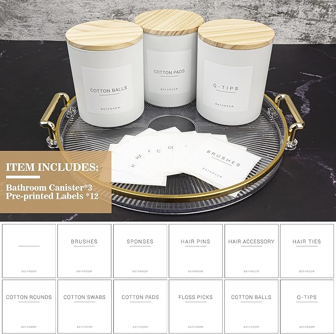 3PCS Farmhouse 13.53oz White Bathroom Canisters with 12 Labels & Wooden Lid Thick Glass Jar Set Qtip Holder for Cotton Ball & Pads Storage Organization Minimalist Decor