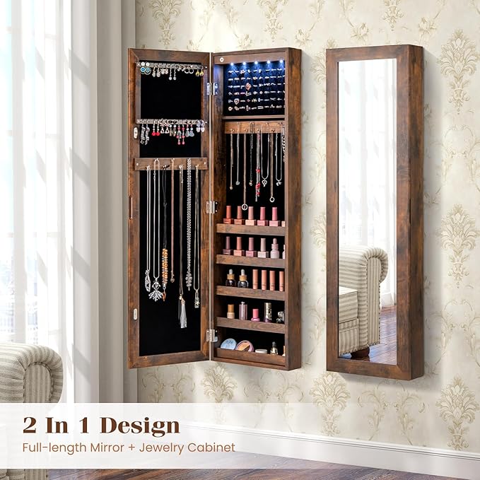 Giantex Wall or Door Mounted Jewelry Cabinet with Full Length Mirror, Over The Door Jewelry Armoire Organizer with Lights, Large Storage with Necklace Hooks, Earring Slots & Shelves (Rustic Brown)