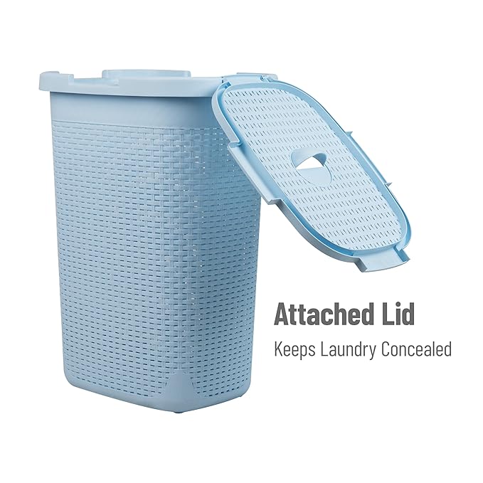 Mind Reader Slim Laundry Hamper with Lid, 60L Clothes Basket, Premium Wicker Design, Plastic, Baby Blue