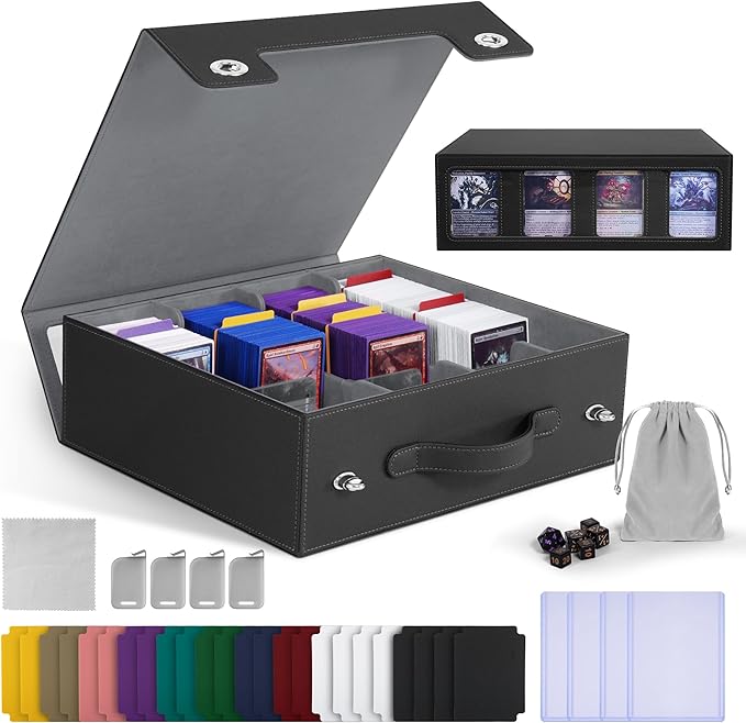 Trading Card Storage Box with Portable Handle, 3000+ MTG Storage Box with 4 Card Stoppers Commander Display Deck Box Card Case Top Loaders MTG TCG Sports Cards Commander Deck Box(Black&gray)
