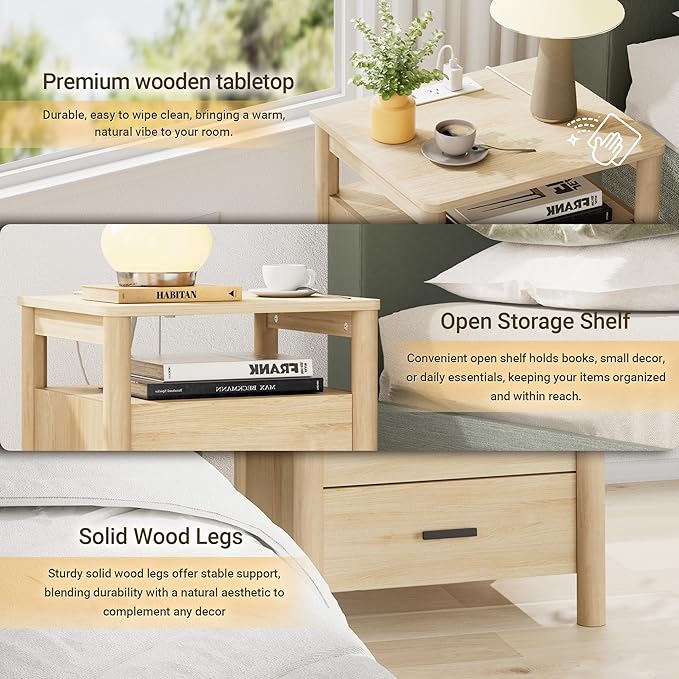 Night Stand with Charging Station, 20" Large Modern Side Table with Solid Round Post Legs, 2 Drawers End Table with Open Shelf, Nightstand with Storage for Bedroom, Natural Oak
