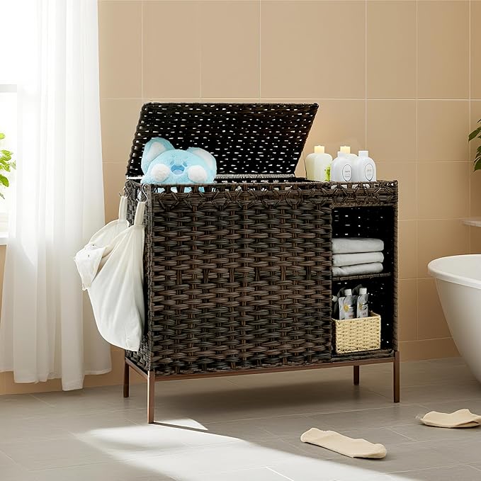 Laundry Hamper with Lid, 130L(34.4 Gal) Rattan Laundry Hamper 3 Section with 50L (13.2 Gal) Storage Shelf, Wicker Woven Laundry Sorter Basket with 4 Liner Bags and Handles, Brown GLH003BR