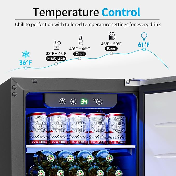 15 Inch Under Counter Beverage Refrigerator - 126 Cans Beverage Fridge with Stainless Steel Door for Beer Wine Soda - Built-in or Freestanding Wine Cooler for Home Kitchen Bar