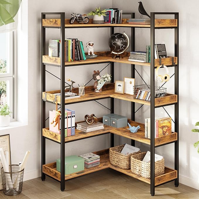 Rolanstar Bookshelf 5 Tier with 4 Hooks, Reversible Corner Bookshelf, 65" Industrial Wooden Bookcase with Open Shelves and Metal Frame for Living Room, Bedroom, Home Office, Rustic Brown