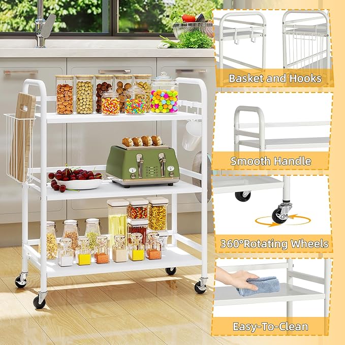 HDANI 3 Tier Metal Rolling Utility Cart,High Capacity Multi Purpose Heavy Duty Cart for Office,Kitchen,Living Room,Bedroom,White