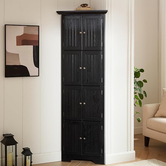 72" H Farmhouse Corner Storage Cabinet with 8 Doors & 4 Shelves, 4 Tier Kitchen Corner Pantry Cabinet Wooden Organizer Case Bookshelf, Home Space Saver Cabinet for Kitchen,Living Room(Black)