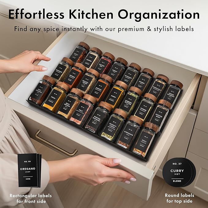 EDELHAUS® Square Spice Jars with Acacia Wooden Lid (Pack of 24) Spice Jars with Shaker Insert and 240 Labels - Acacia Lid Glass Container for Spice Organisation [4.3 in × 1.8 in]