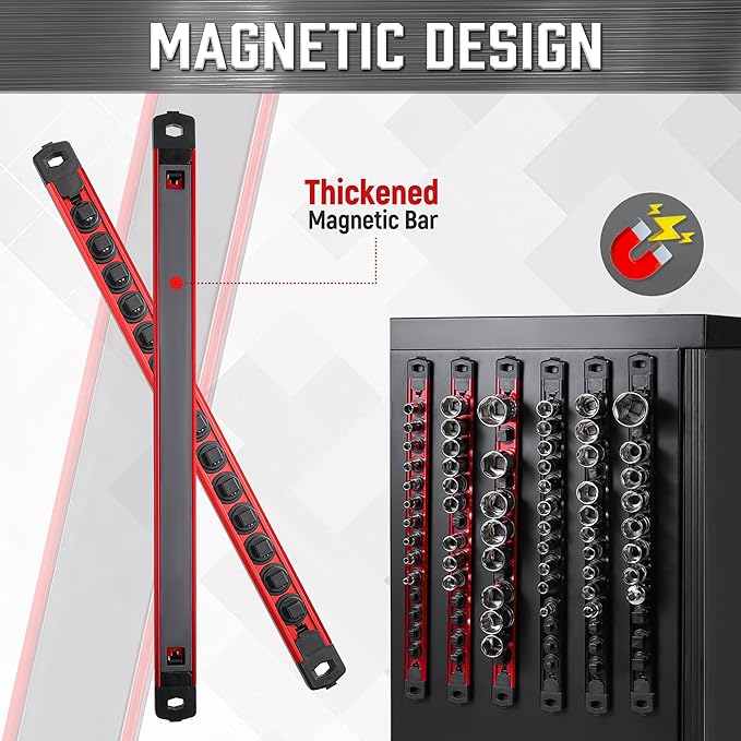 ALOANES 3-Piece Magnetic Tool Organizer, Heavy Duty Aluminum Rails, 360 Swivel Socket Holder Kit with 42 Clips (Red, 3/8-Inch)