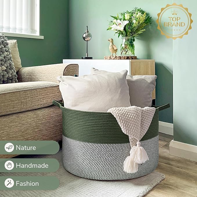 INDRSSME Large Laundry Storage Basket, 21.7 x13. 8 - Decorative Rope Blanket Basket for Organizing Bedroom, Living Room, Nursery, Toy Storage for Colthes Towel, Empty Gift Baskets -Green