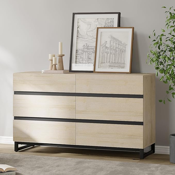 WAMPAT Dresser for Bedroom, Closet Organizers and Storage with 6 Drawers, Chest of Drawers with Metal Base, Modern Wood Dresser for Living Room, Entryway, Light Oak