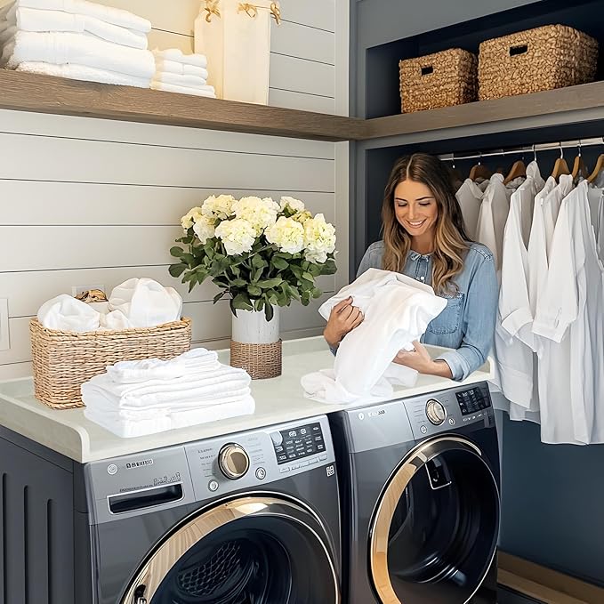Kaboon Washer Dryer Countertop, Melamine Countertop with Edge Rails - 27.5" Depth x 54" Width Laundry Room Organization, Sea Salt/Greylish White