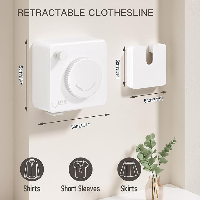 Retractable Clothesline Indoor Outdoor,Clothes Line Retracting Indoor, Retractable Clothes Line Wall Mounted Drying Rack Clothing Line, Laundry Line with Stainless Steel Line-15.1 Feets(White)