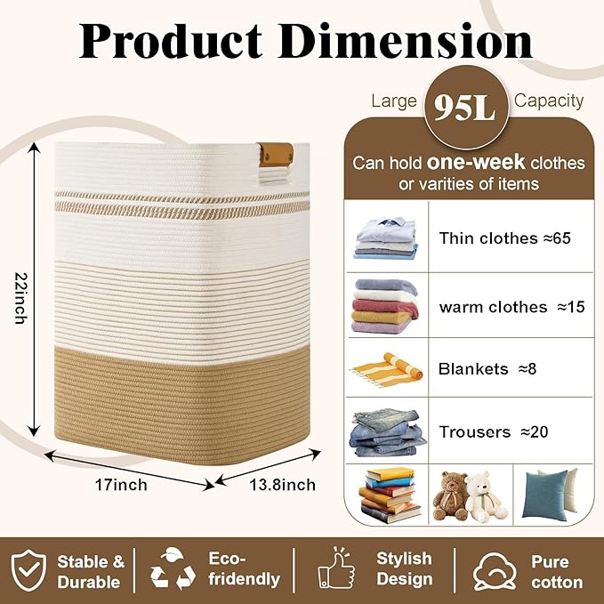 Laundry Hamper, 95L Tall Laundry Basket with Leather Handles, Rectangle Large Clothes Hamper for Organizing, Cotton Woven Laundry Baskets Storage Hampers for Bedroom, Nursery, Living Room