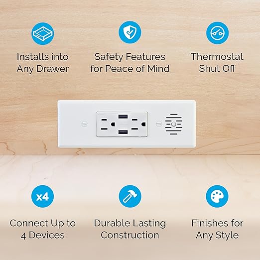 Docking Drawer Blade in-Drawer Outlet, Integrated Safety Shutoff, (2) USB-A & (2) 15 amp AC, Black