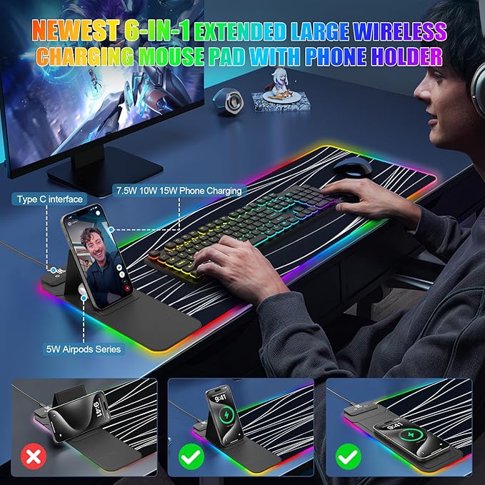 RGB Mouse Pad with Foldable Phone Stand & Wireless Charger, 31.5"x11.8" XL Gaming Mousepad Large Desk Mat, Desk Pad with Dual Charging for Phone & AirPods | 11 Colors & 5 Modes | Waterproof