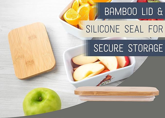 Nat & Jules Dean Crouser Ceramic Stoneware 1/2 Pound, 2 Sticks Butter Dish Airtight Bamboo Lid, Kitchen Accessory, Container Holder, Refrigerator Storage, Countertop Organization, Watercolor Chickadee