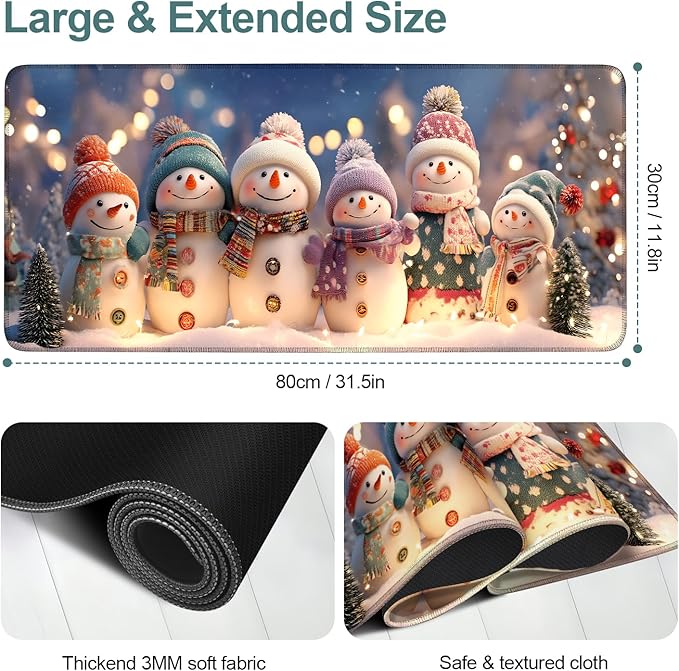 Six Snowmen Gaming Mouse Pad 31.5"x11.8"Desk Mat Anti-Slip Rubber Base & Durable Stitched Edges for Gamers Smooth Mouse Writing Surface for Desk Office/Home