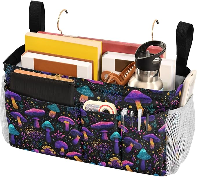 Neon-colored Mushrooms Stars Dots Bedside Caddy for Dorm Bed Bedside Hanging Caddy Bag Iron Frame Storage Organizer Pocket for Bunk Home College Hospital Beds 2 Hooks