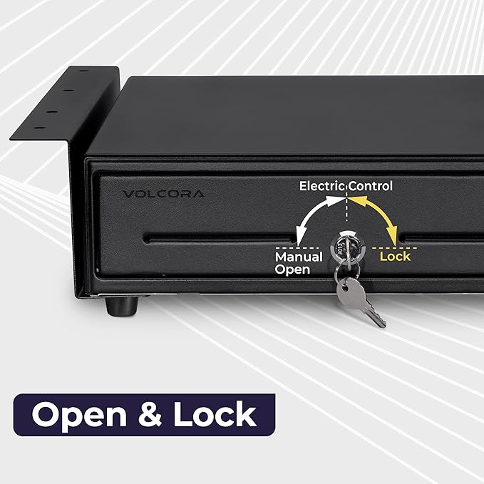 Volcora 13" Electronic Cash Register Drawer with Under Counter Mounting Metal Bracket - POS, 4 Bill 5 Coin Cash Tray, Removable Coin Compartment, 24V RJ11/RJ12 Key-Lock, Media Slot, Black