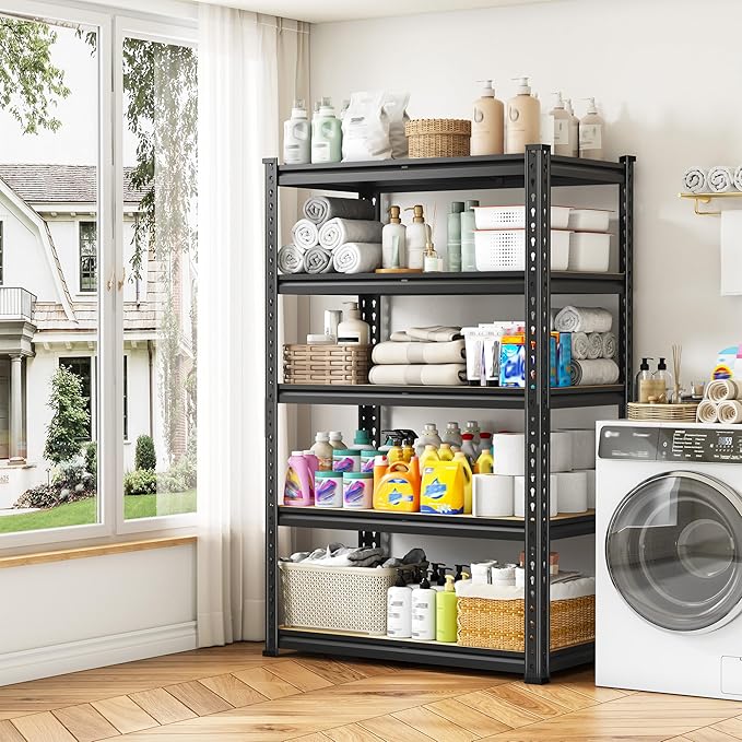 5-Tier Storage Shelves, 1980LBS Adjustable Pantry Shelves, Metal Shelving Unit for Storage, Kitchen, Pantry, Closet, Laundry, Garage, 59.8" H x 27.55" W x 11.81" D