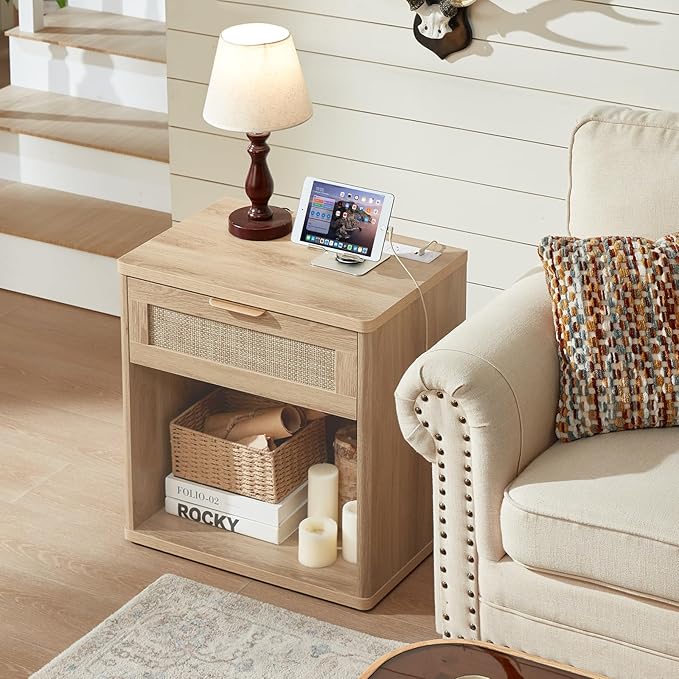 LEYAOYAO Rattan Nightstands Set of 2 with Charging Station, Natural Wood Night Stand with Drawer, 23" Wide Boho Bedside Table with Storage Shelf, Bed Side End Tables for Bedroom, Living Room, Hallway