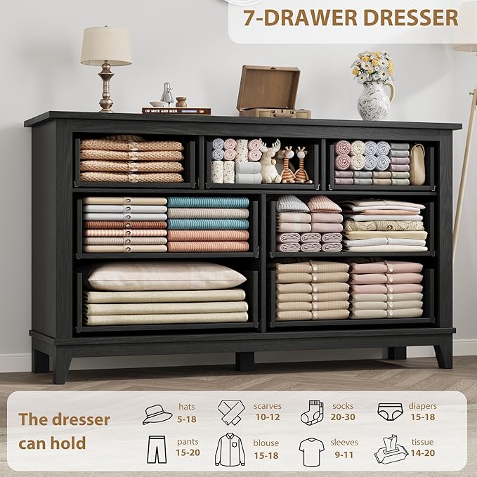 GarveeHome 7 Dresser for Bedroom, 54 in Wide Drawer Dresser with Storage Freestanding, Wooden Closet Storage Chest for Living Room, Bedroom, Entryway, Black