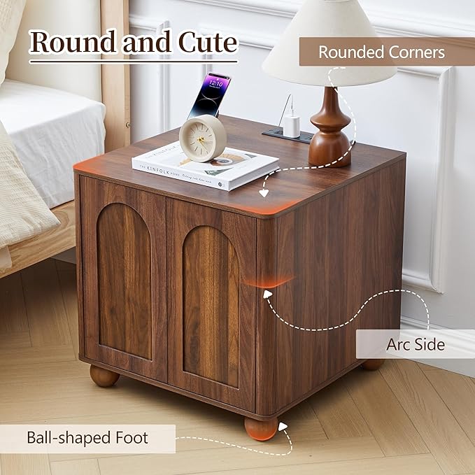 Bed Side Table with Charging Station, Mid Century Modern Nightstand with 2 Doors, Square End Table with Storage for Couch,Living Room,Small Spaces, Sofa Side Table for Office,Dorm - Walnut