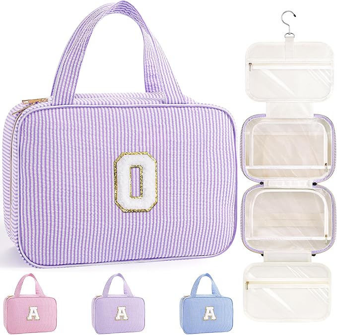 TOPEAST Travel Toiletry Bag for Women - Hanging Toiletry Bag Makeup Bag, Portable Toiletries Cosmetic Bag, Airplane Travel Essentials - Letter O, Purple