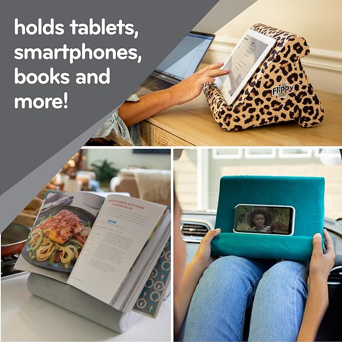 Flippy Original Tablet Pillow Stand & iPad Holder, Gift for Book Lovers & Readers, Multi-Angle Stand with Storage for Lap, Desk & Bed, Compatible with Kindle, Fire, iPad & Samsung, Def Leopard