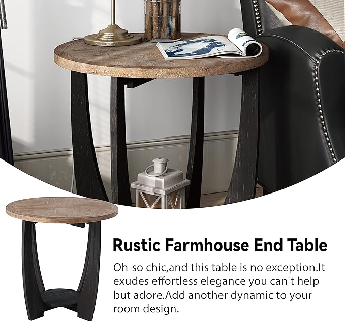 COZAYH Set of 2 Rustic Farmhouse End Tables with Storage Shelf, French Country Modern Round Accent Side Table for Small Spaces, Wood Top & Black Base
