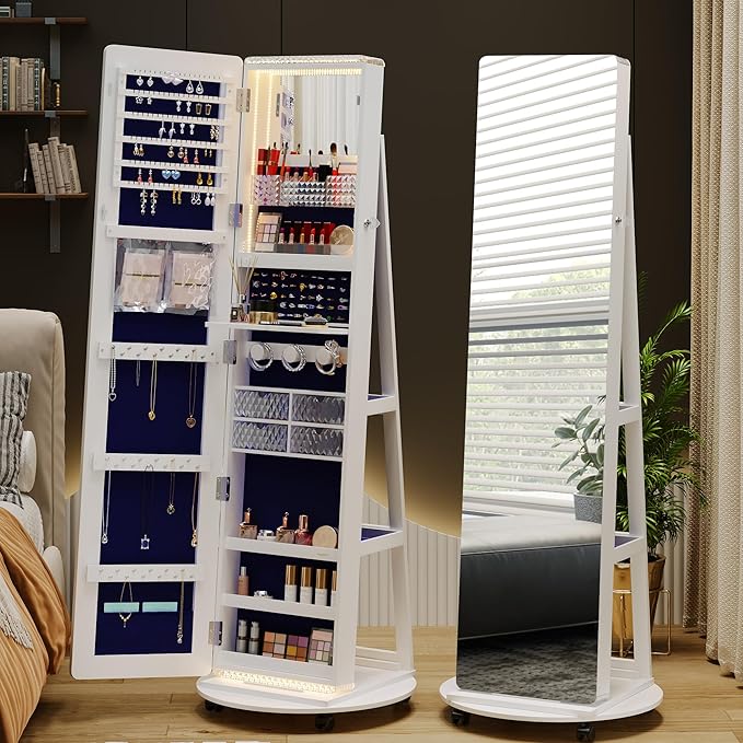 Full Length Mirror with Storage, Standing Mirror Jewelry Cabinet with 3 Color LED Lights, 360° Swivel Jewelry Armoire with Mirror & Storage Shelves, White