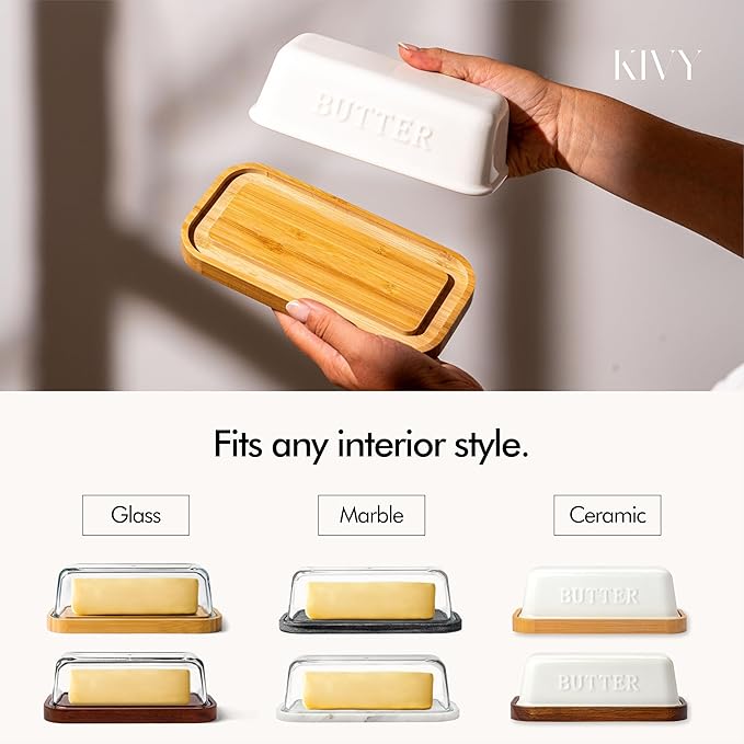 KIVY Butter Dish (Black Marble & Glass) - For countertop and refrigerator door shelf - Marble butter keeper - Stone butter dish - Glass butter dish with lid - Dishwasher Safe