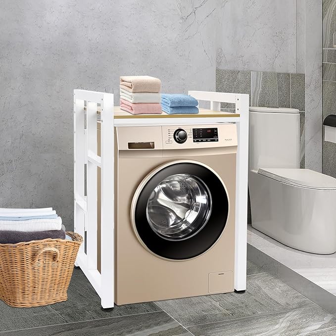 Washer Dryer Stacking Rack Stand, Heavy Duty Washer&Dryer Storage Shelves, Space Saver Stackable Storage Shelf for Laundry Room Apartments Bedrooms (White, Light Walnut)