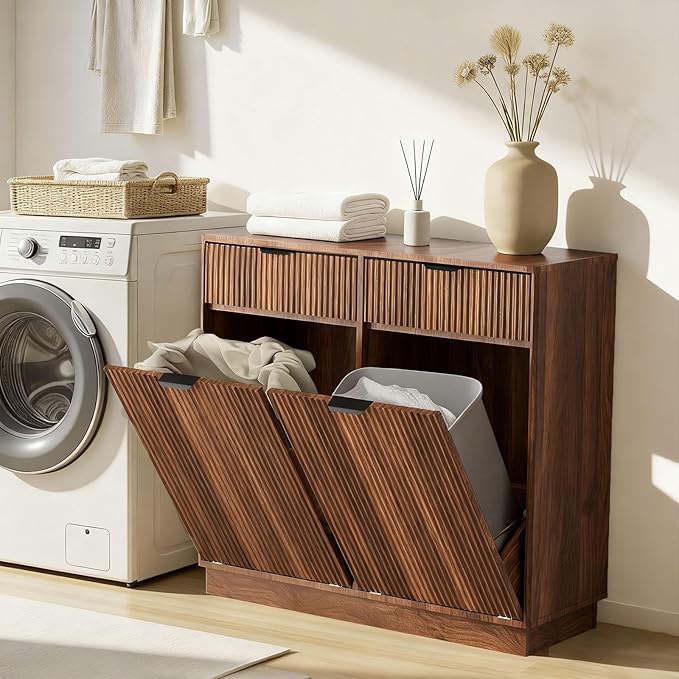 Double Tilt Out Trash Can Cabinet, Laundry Hamper Cabinet with 2 Drawers, Trash Can Holder Cabinet, Wave-Textured Front, 2 × 10 Gallon, Walnut