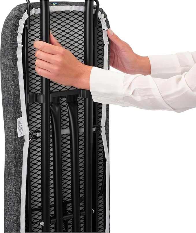 Brabantia Size A Compact Small Ironing Board (43x12 in) 7 Height Options, Adjustable Steam Iron Rest Holder (Denim Black) Non-Slip Feet, Anti-Collapse Child Locks