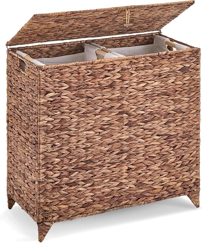 Handwoven Large Laundry Hamper with Lid and 2 Removable Liner Bags, Heightened Feet Natural Hyacinth Clothes Hamper,Wicker Laundry Basket for Clothes and Towels