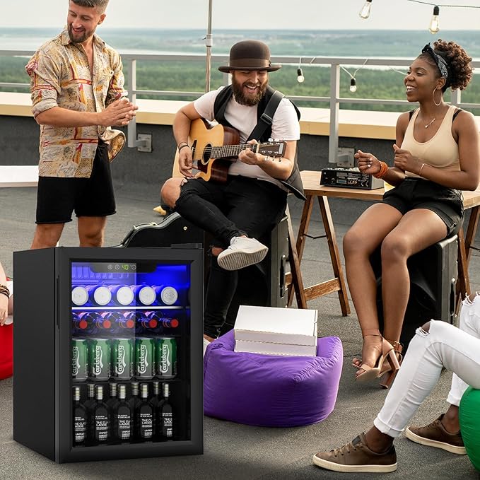 Compact 95 Can/2.6Cu.Ft Mini Fridge For Soda, Beer Or Wine, Portable Small Beverage Refrigerator With Digital Display&Removable Shelves &Reversible Glass Front Door For Office, Dorm, Bar
